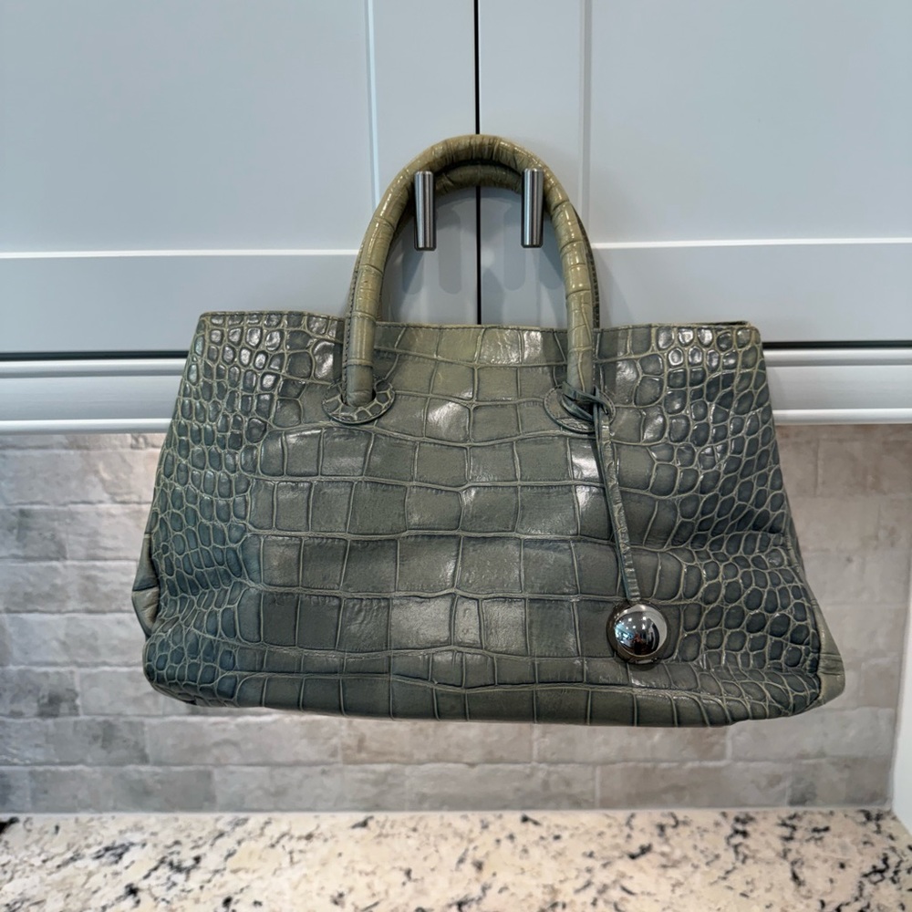 Furla Olive Sage Green Croc-Embossed Leather Satchel